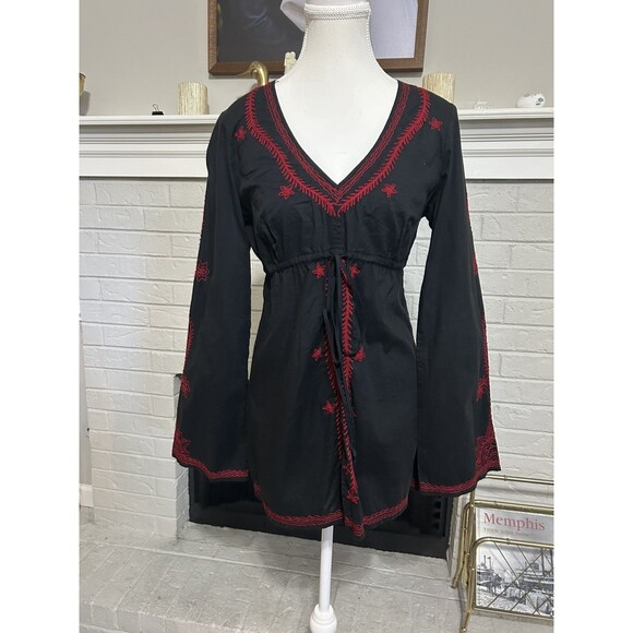 Lucky Brand Shirt Western Boho Ladies Medium Black Red Embroidered Bell Sleeve - Picture 1 of 8